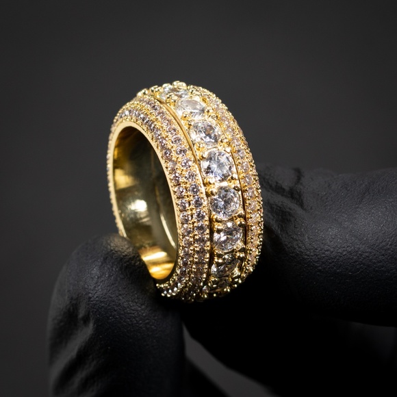 Yellow Gold Plated Iced Cz Pointer Hip Hop Elegant Men's Pinky Eternity Ring - Picture 1 of 6